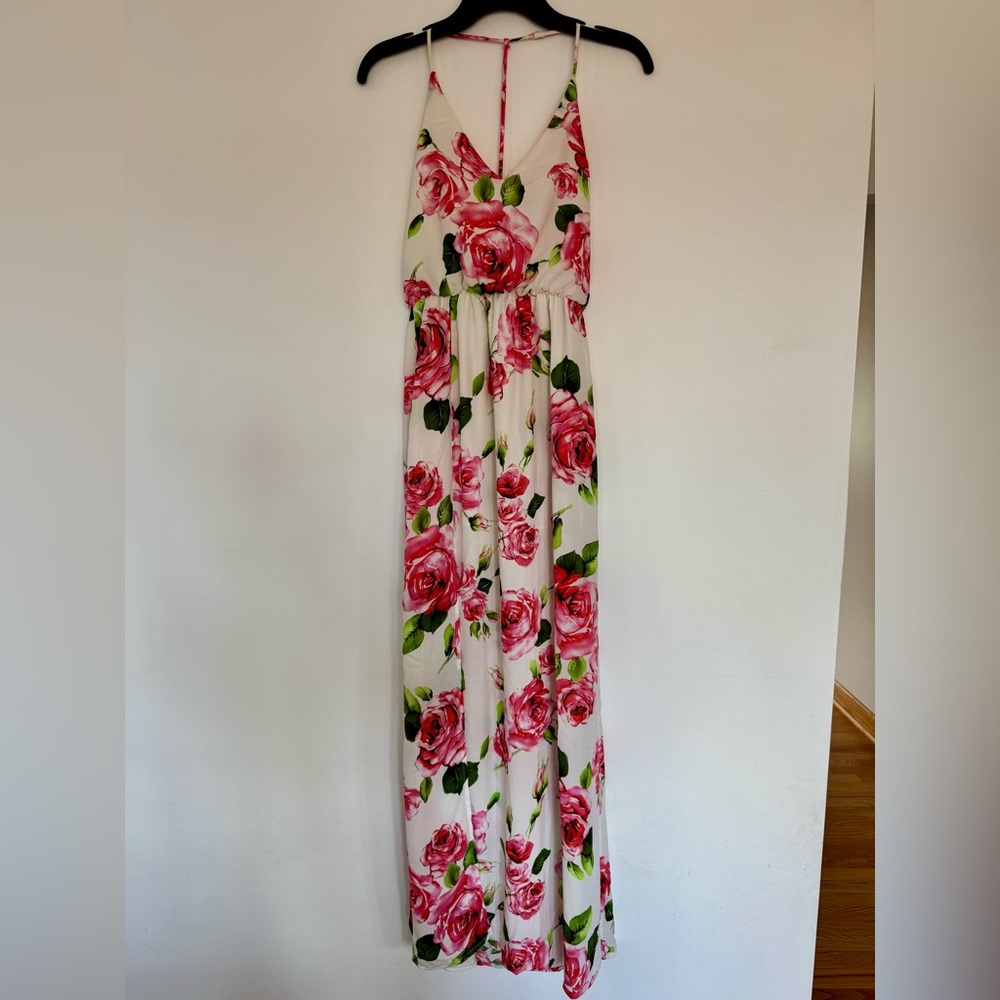 Lush White & Pink Floral Halter Slit Maxi Sundress